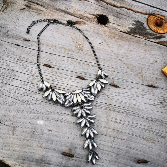 Smokey Gray and Light Amber Rhinestone Long Front Statement Necklace - Picture 7 of 15